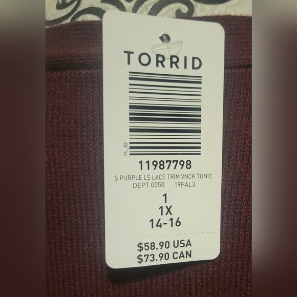 Torrid Long Sleeve Lace Trim V-Neck Tunic Sweater Sz 1/1X New With Tag - Picture 6 of 11